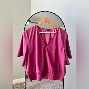 Ann Taylor Rose Pink Blouse | Draped V-Neck, Feminine Flutter Sleeves